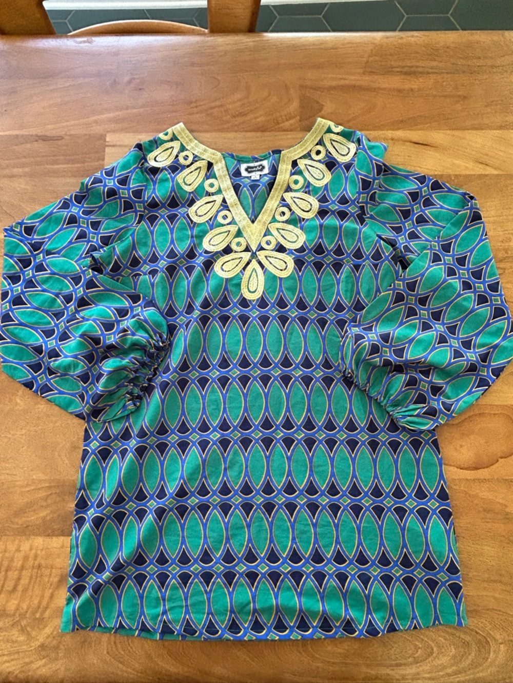 Mud Pie Teal & Navy Geometric Tunic w/ Gold Embroidered yoke - Size Small *EUC*